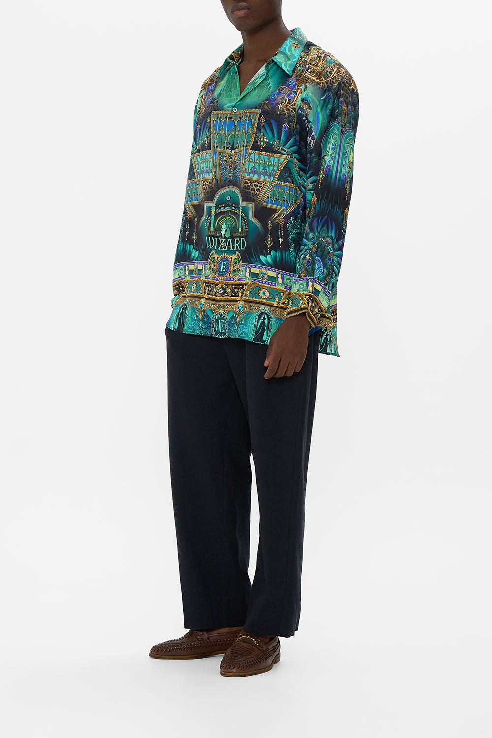 CAMILLA Green/Black Green/Black Oversized Shirt in Defy Gravity print. 