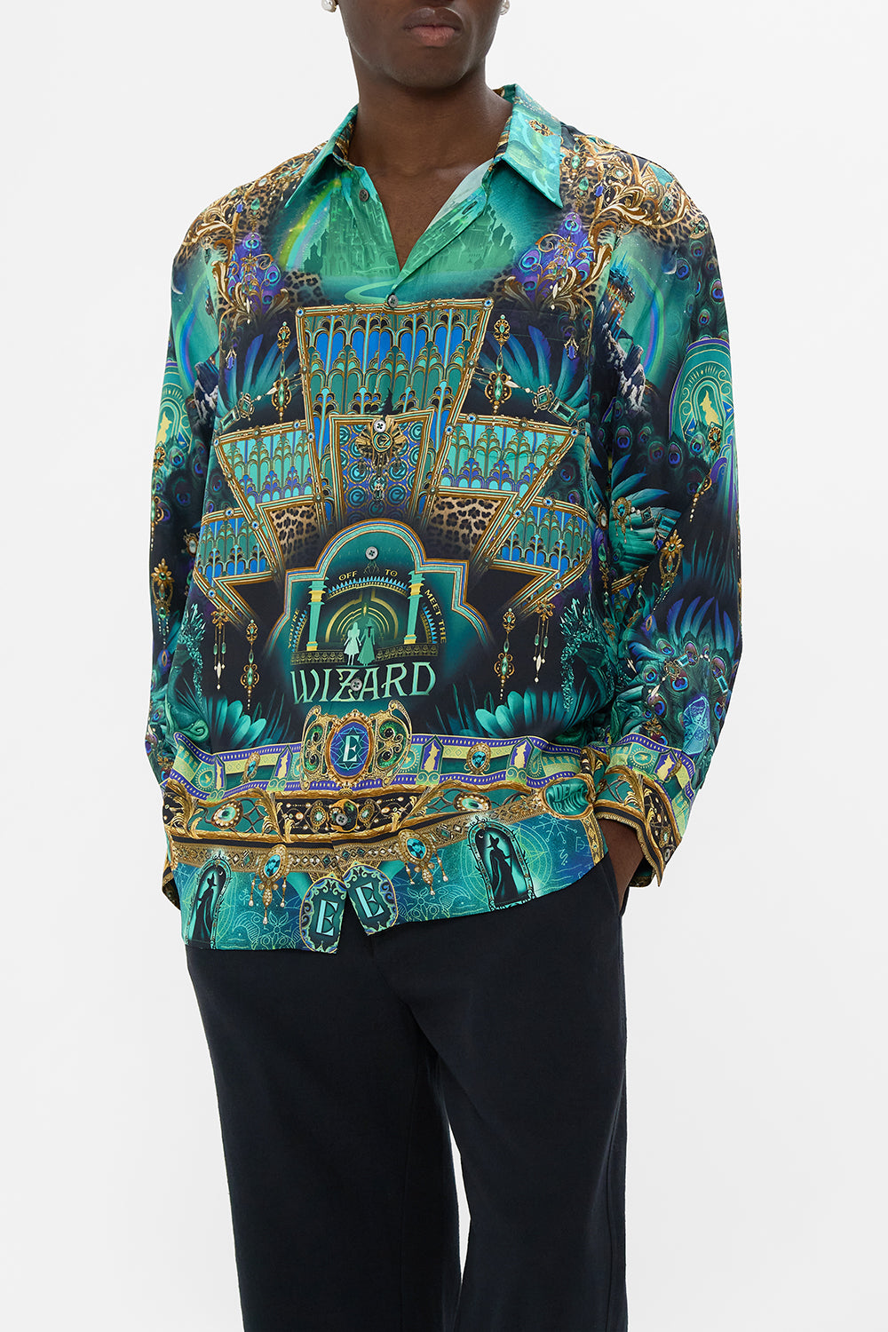 CAMILLA Green/Black Green/Black Oversized Shirt in Defy Gravity print. 