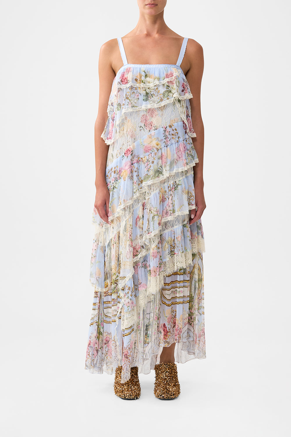 The CAMILLA ASYMMETRIC SPLICED LACE DRESS TILED IN TIMETILED IN TIME