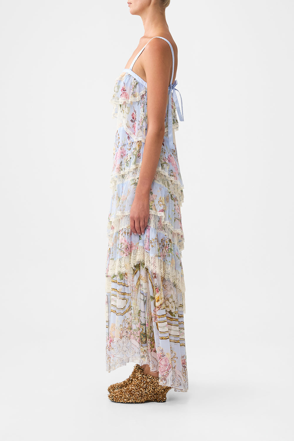The CAMILLA ASYMMETRIC SPLICED LACE DRESS TILED IN TIME
