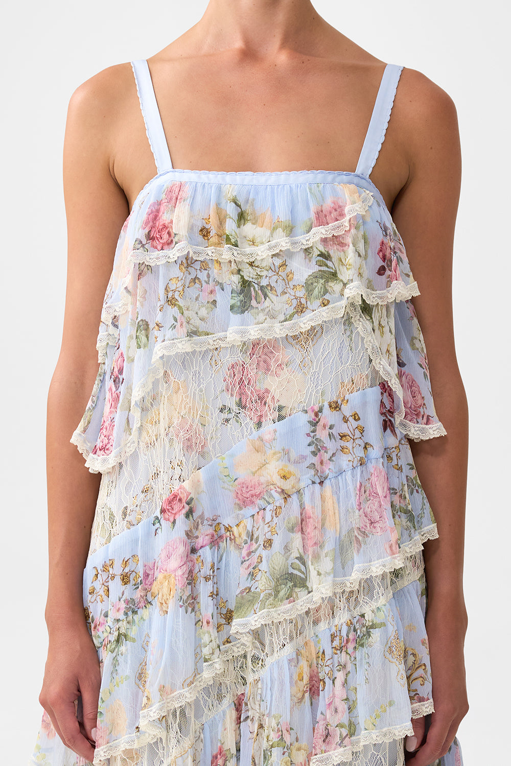 The CAMILLA ASYMMETRIC SPLICED LACE DRESS TILED IN TIME