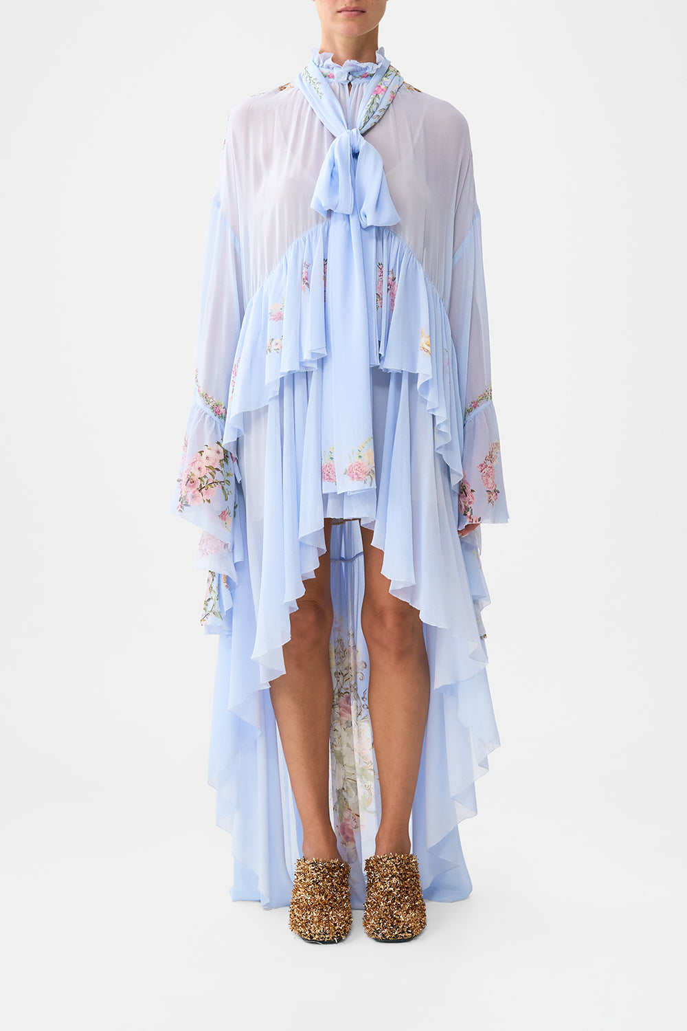 The CAMILLA RUFFLE HIGH LOW DRESS WITH LONG SLEEVE TILED IN TIMETILED IN TIME
