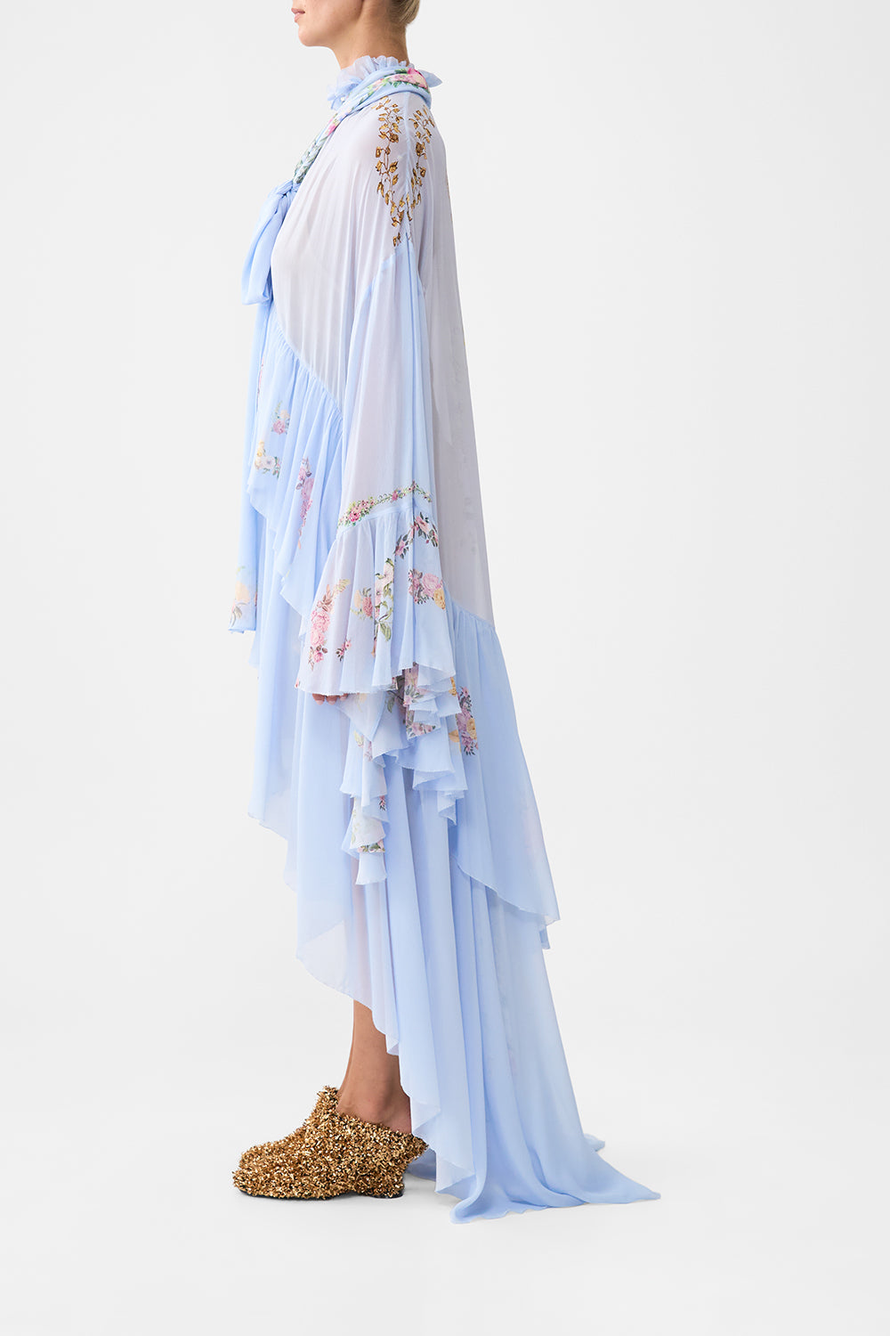The CAMILLA RUFFLE HIGH LOW DRESS WITH LONG SLEEVE TILED IN TIME