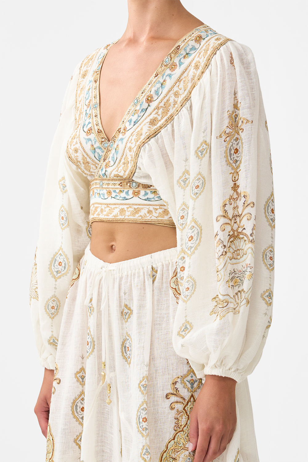 CROPPED BLOUSON SLEEVE TIE FRONT TOP OTTOMAN DYNASTY