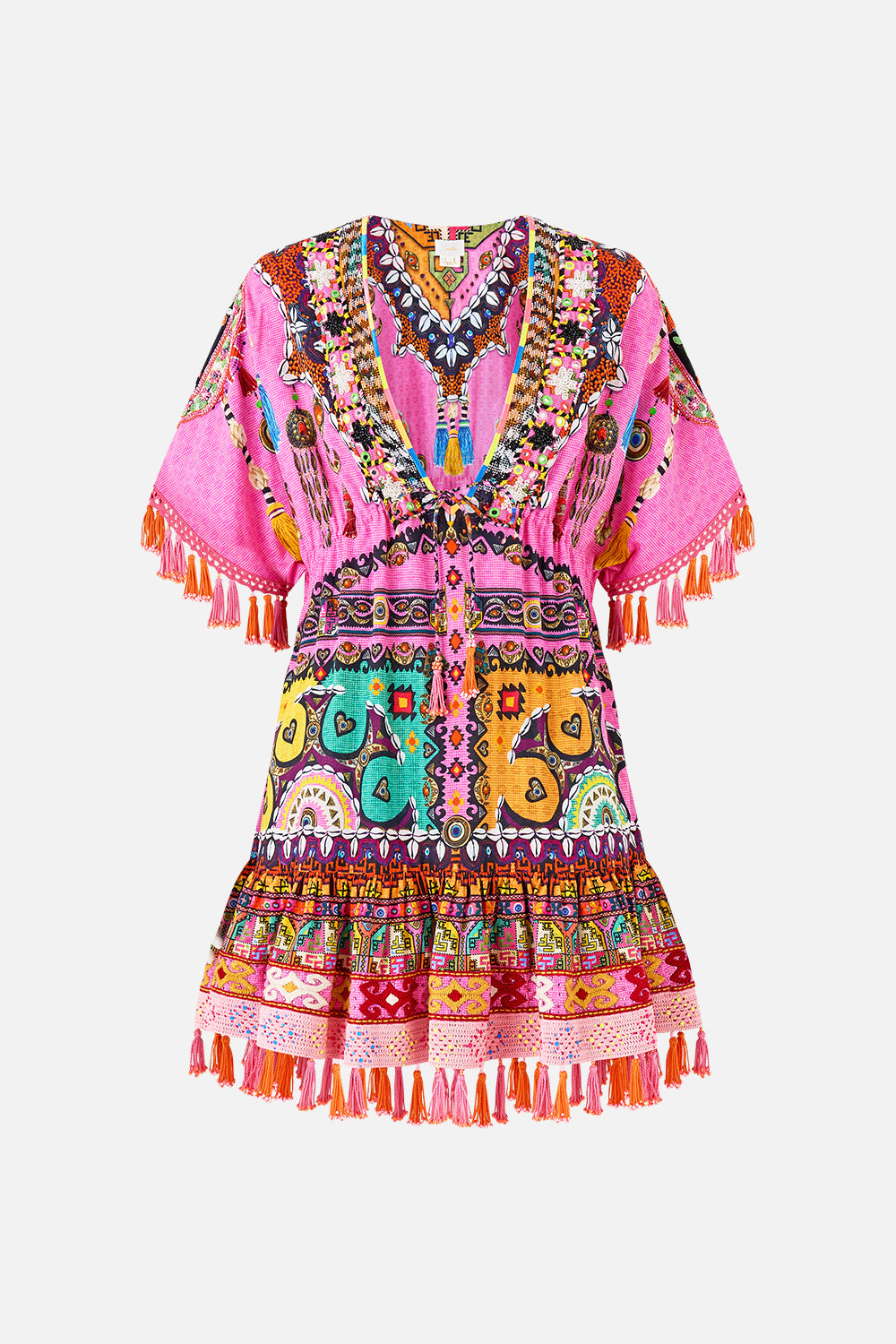 SHORT V NECK EMBROIDERED DRESS PATCHWORK PANORAMA