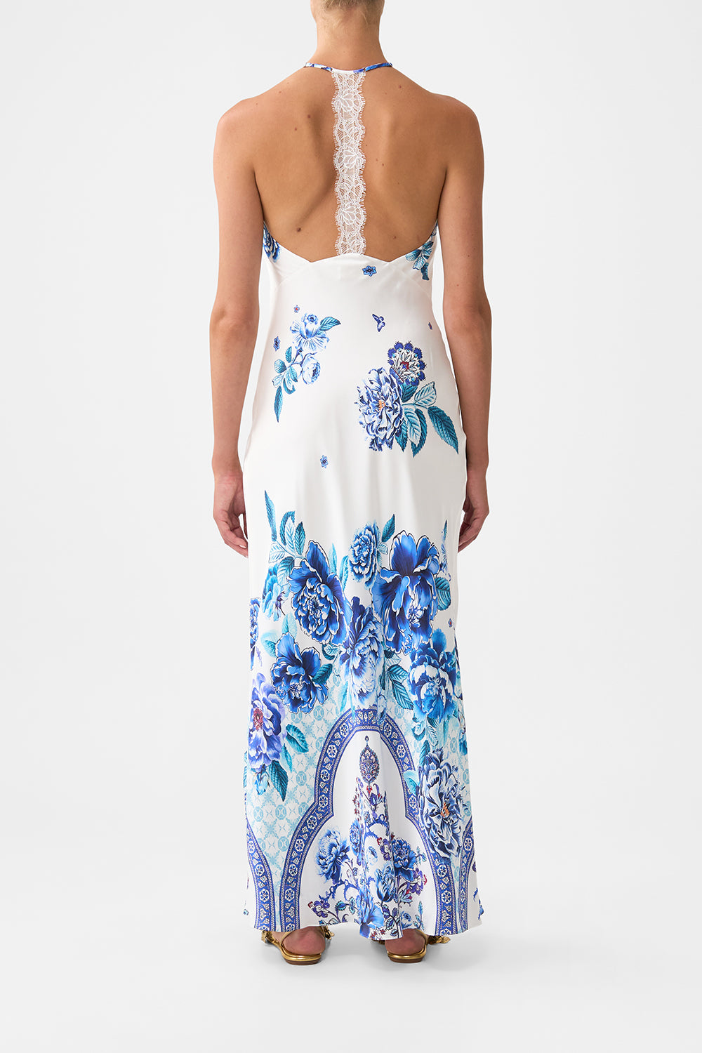 The CAMILLA HALTER SLIP DRESS WITH LACE STRAP A CERAMIC GARDEN