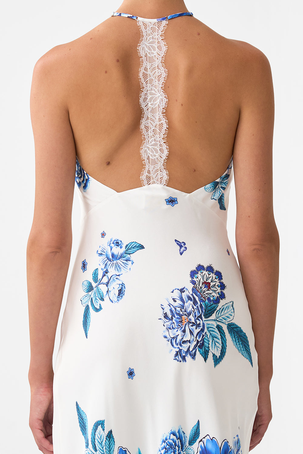 The CAMILLA HALTER SLIP DRESS WITH LACE STRAP A CERAMIC GARDEN