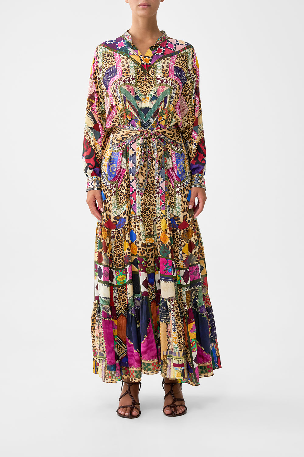 TIERED SHIRTDRESS WITH WIDE WAIST TIE EMBROIDERED EVER AFTER