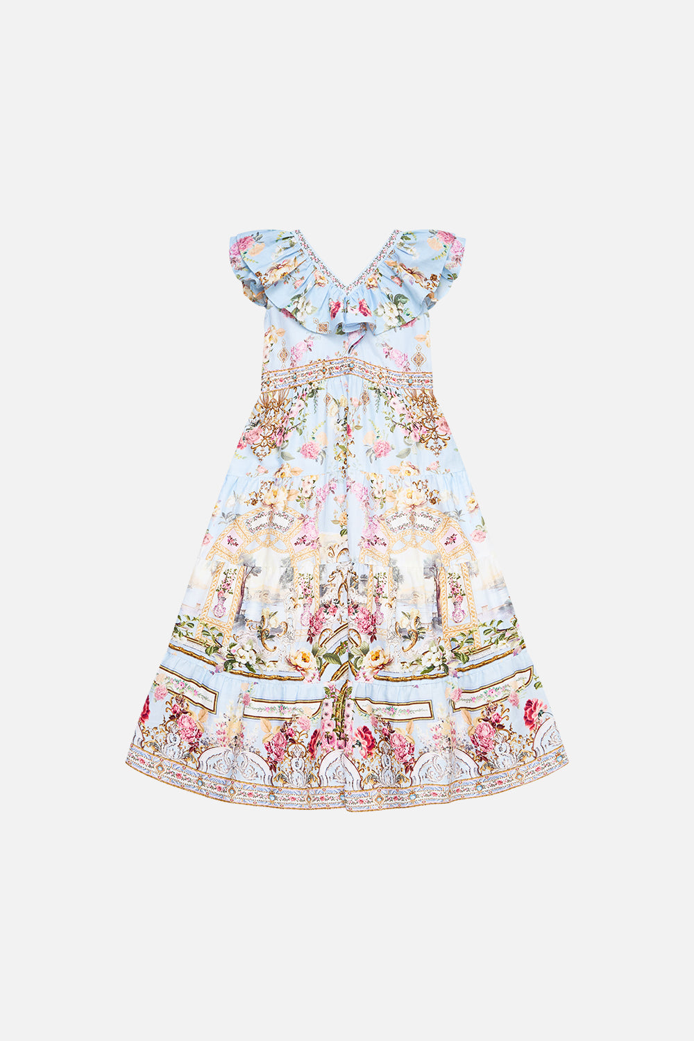 KIDS TIERED MAXI DRESS WITH FRILL NECK TILED IN TIME