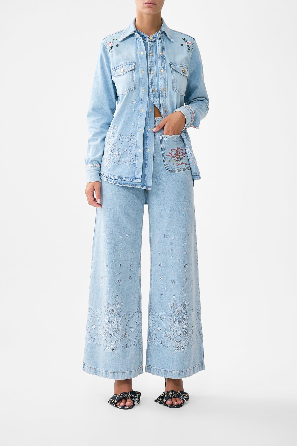 The CAMILLA Luna Kitsch Stitch High Rise Wide Leg Jean in our Denim print.