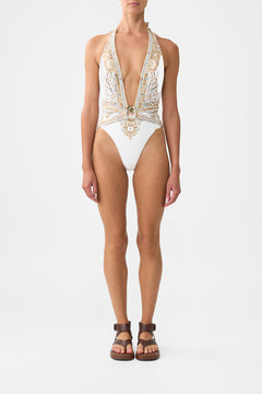 PLUNGE HALTER ONE PIECE WITH PLEATED WAIST TRIM OTTOMAN DYNASTY