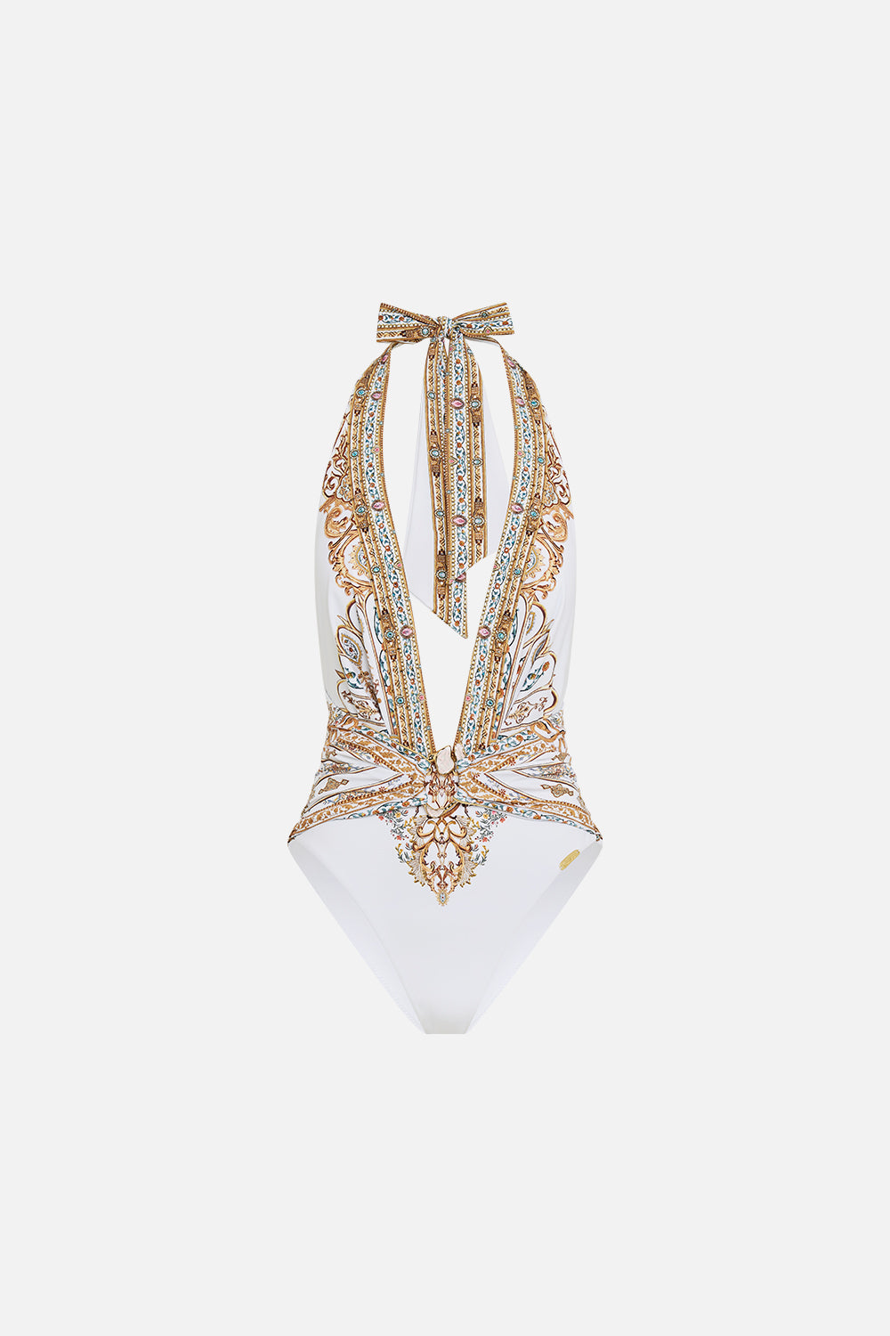 PLUNGE HALTER ONE PIECE WITH PLEATED WAIST TRIM OTTOMAN DYNASTY