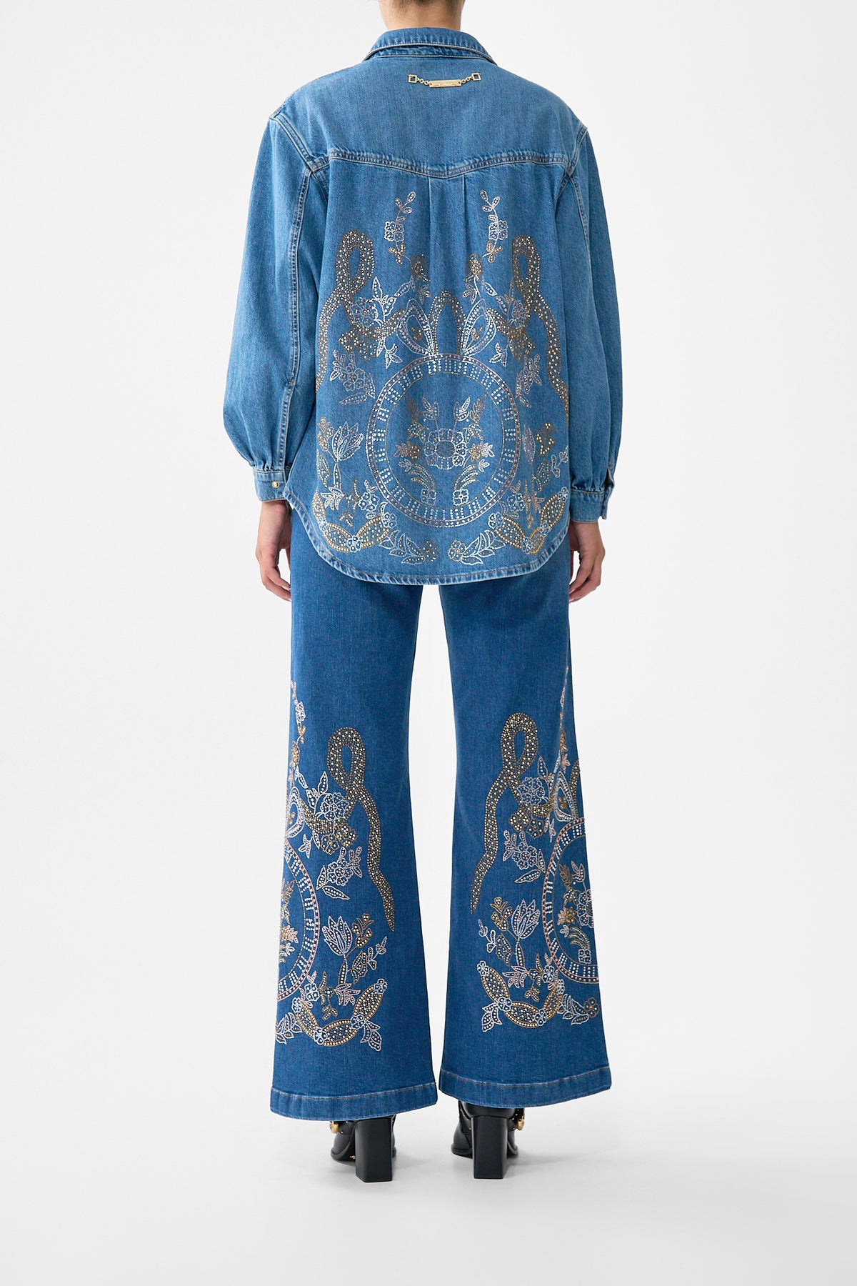 The CAMILLA Jenna Ace Of Lace High Waisted Flare in our Denim print.