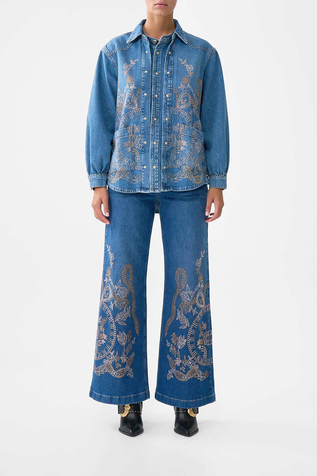 The CAMILLA Lalita Ace Of Lace Long Line Shirt in our Denim print.