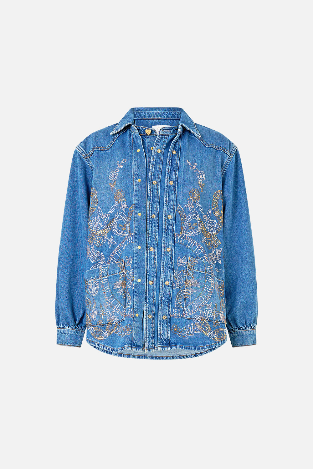 The CAMILLA Lalita Ace Of Lace Long Line Shirt in our Denim print.