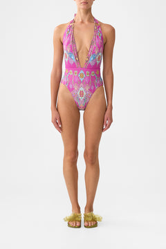 PLUNGE BACKLESS HALTER ONE PIECE WITH RING TIES CONCUBINES, SULTANS & COURTIERS