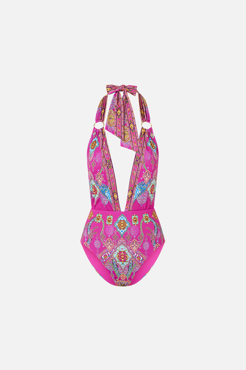 The CAMILLA PLUNGE BACKLESS HALTER ONE PIECE WITH RING TIES CONCUBINES, SULTANS & COURTIERS