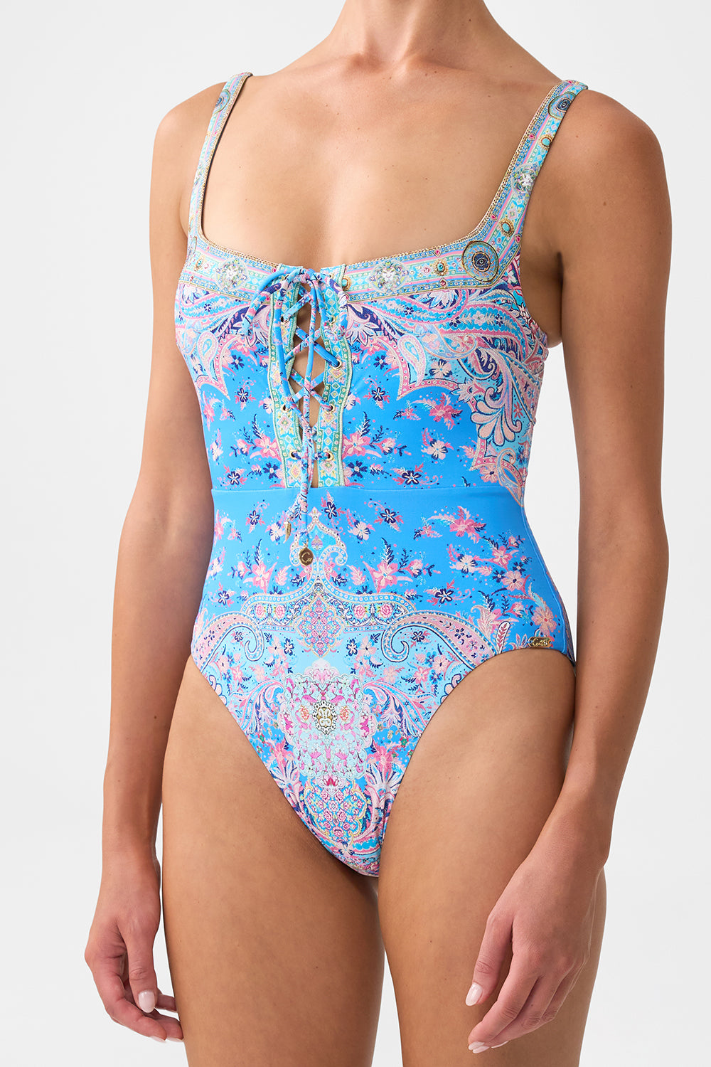 LACE UP UNDERWIRE SQUARE NECK ONE PIECE FOOTSTEPS IN FOLKLORE