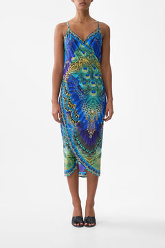 WRAP FRONT BACKLESS BEACH MIDI DRESS WITH TRIMS COSMIC ZOOLOGY