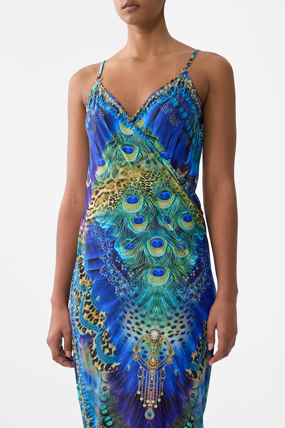 WRAP FRONT BACKLESS BEACH MIDI DRESS WITH TRIMS COSMIC ZOOLOGY