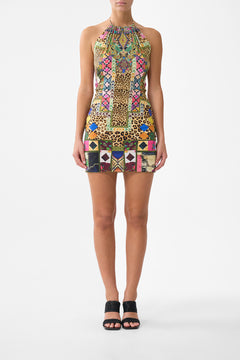 HALTER BEACH MINI DRESS W CUT OUT WAIST TRIM EMBROIDERED EVER AFTER