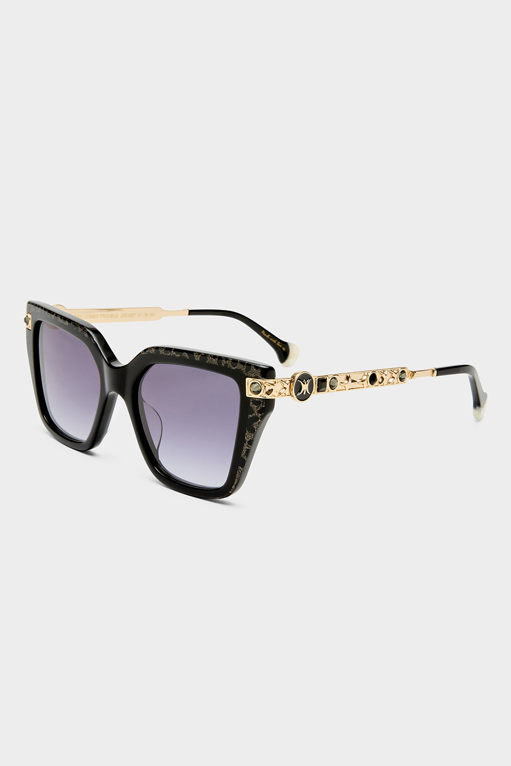 CAMILLA Here Comes Trouble Sunglasses in Black / Gold Leopard Glitter print