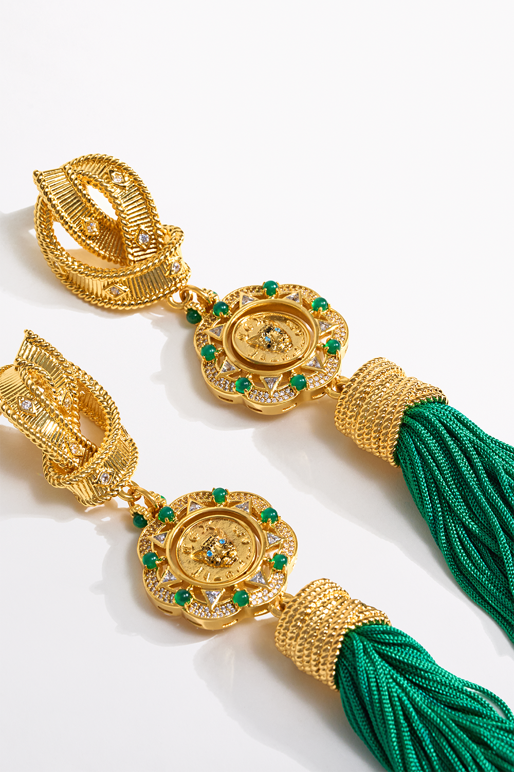 CAMILLA Fierce Folklore Pendant Tassel Earrings in Gold print