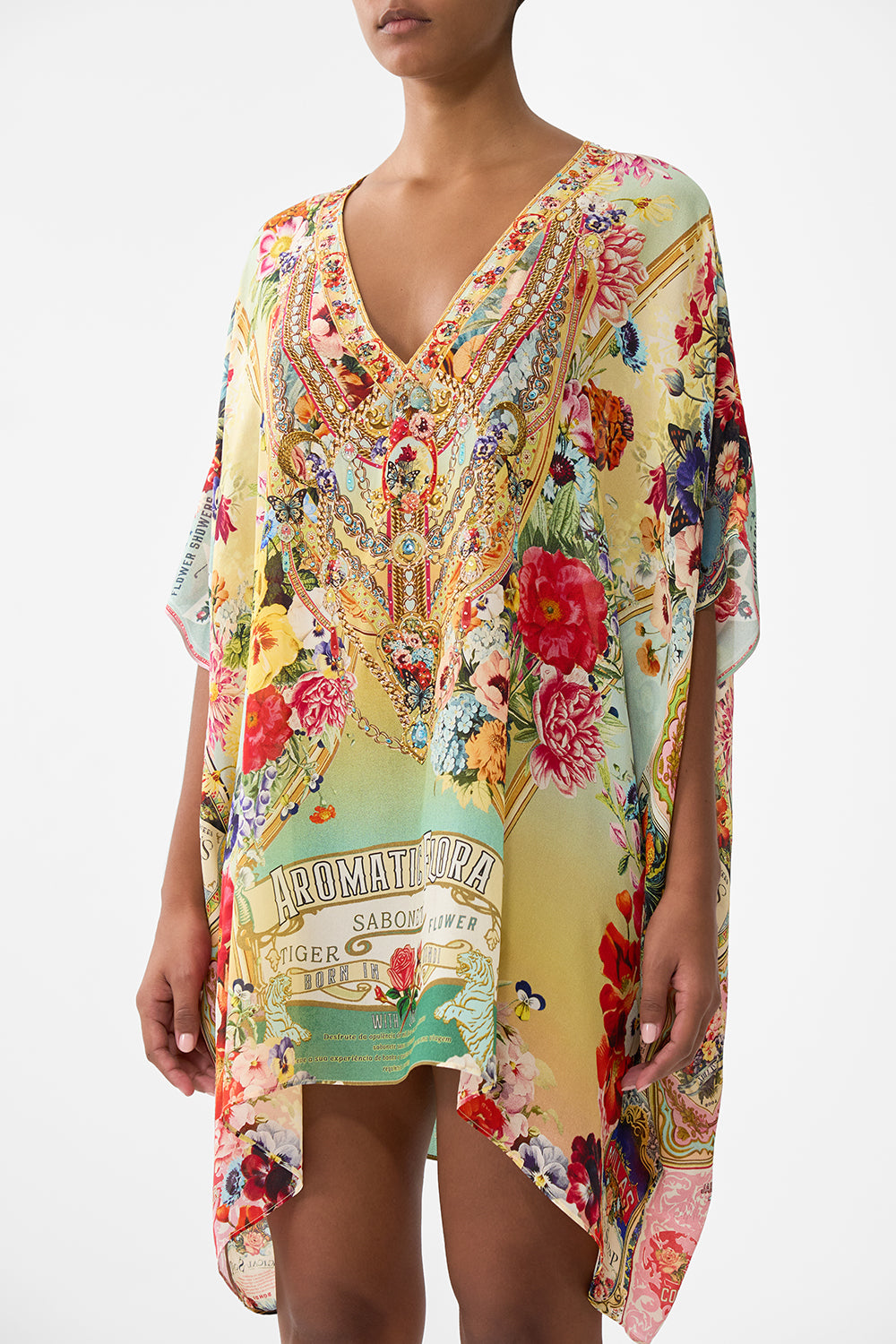 The CAMILLA Rectangular V Neck Kaftan in our Aromatic Tiger Flower print.