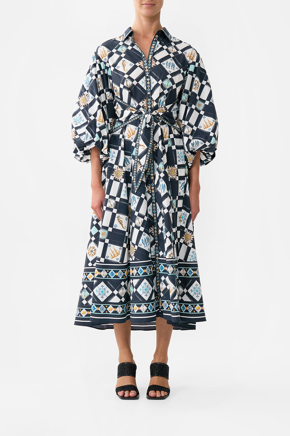 The CAMILLA Waist Tie Shirt Dress With Bubble Sleeve in our Folk Afloat print.