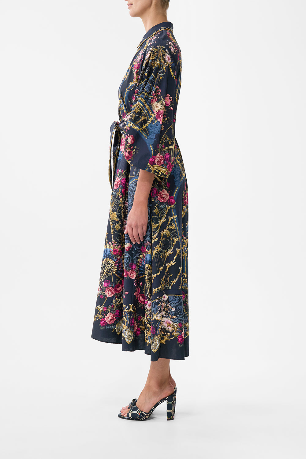 The CAMILLA Waist Tie Shirt Dress With Bubble Sleeve in our Ornate On A Plate print.