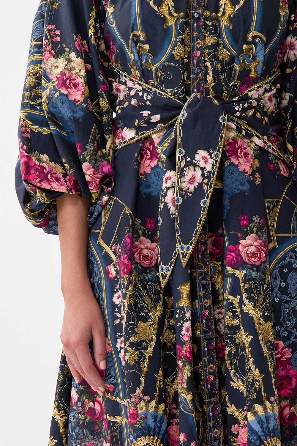The CAMILLA Waist Tie Shirt Dress With Bubble Sleeve in our Ornate On A Plate print.