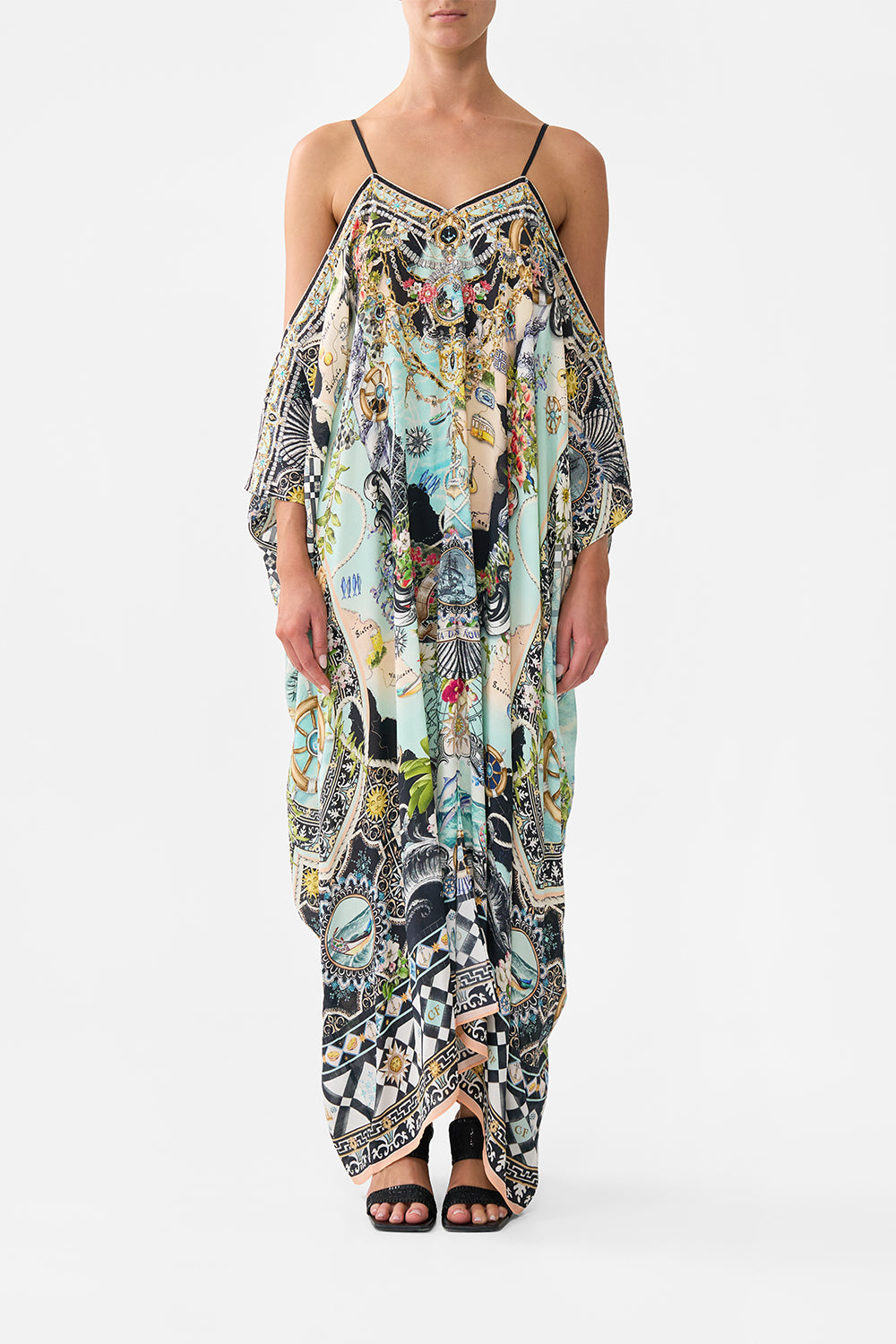 The CAMILLA Drop Shoulder Strap Kaftan in our Folk Afloat print.