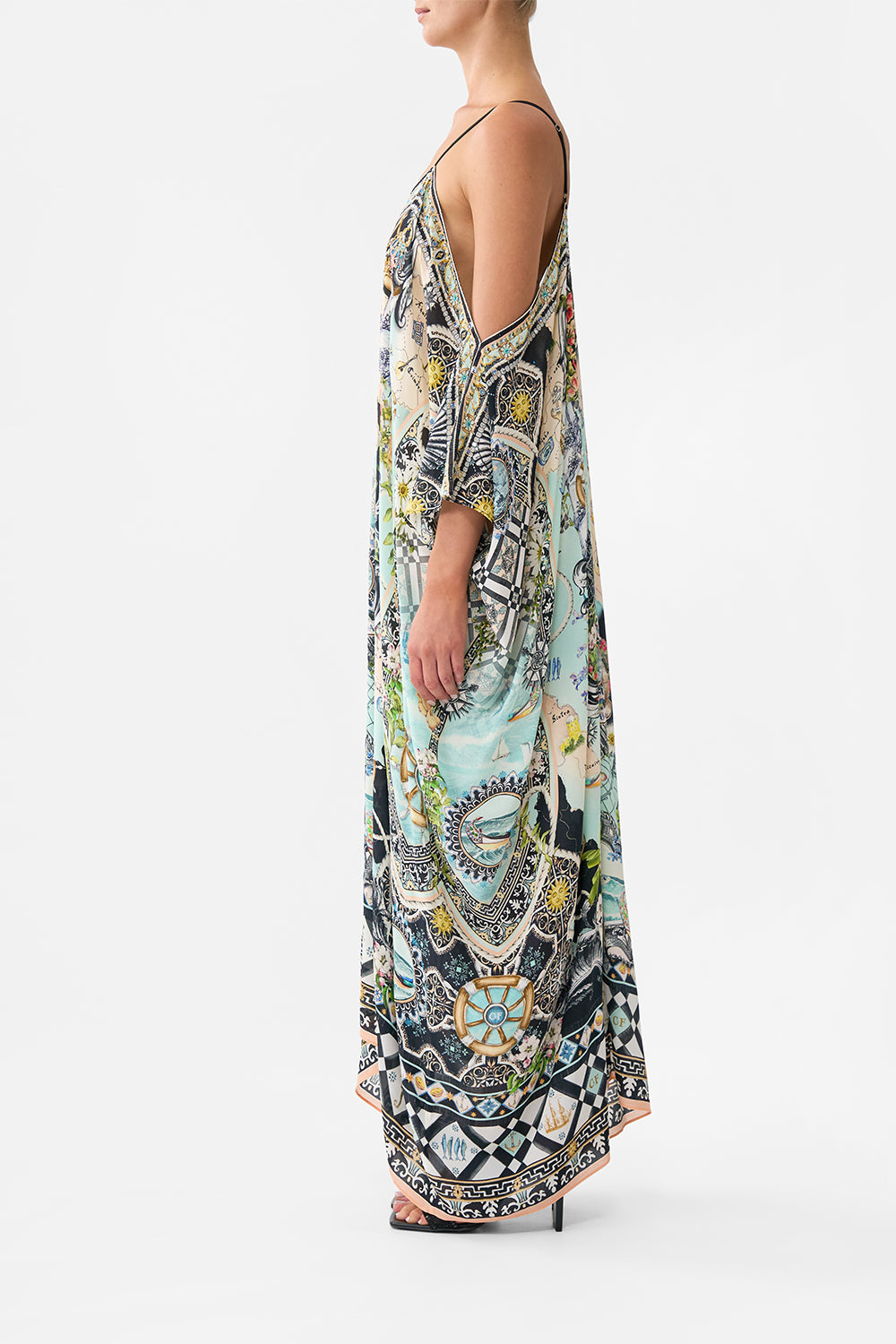 The CAMILLA Drop Shoulder Strap Kaftan in our Folk Afloat print.