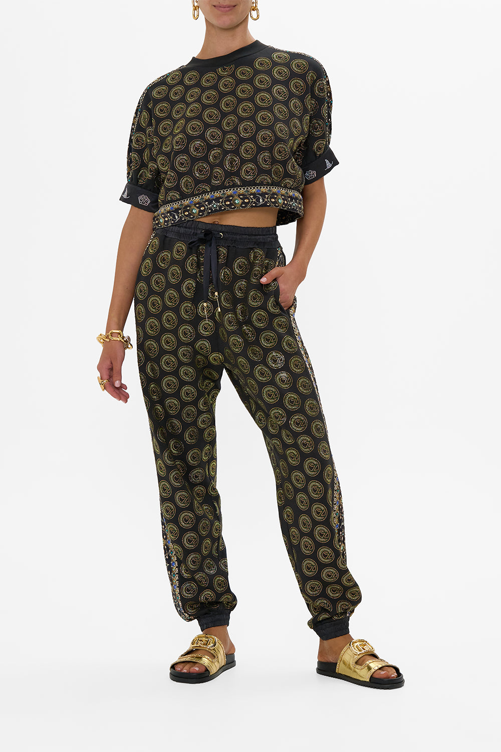 CAMILLA Green/Black Jersey Track Pant with Side Panels in Defy Gravity Print