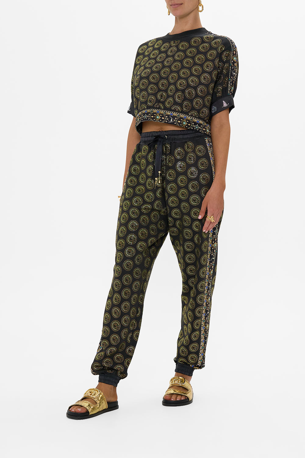 CAMILLA Green/Black Jersey Track Pant with Side Panels in Defy Gravity Print