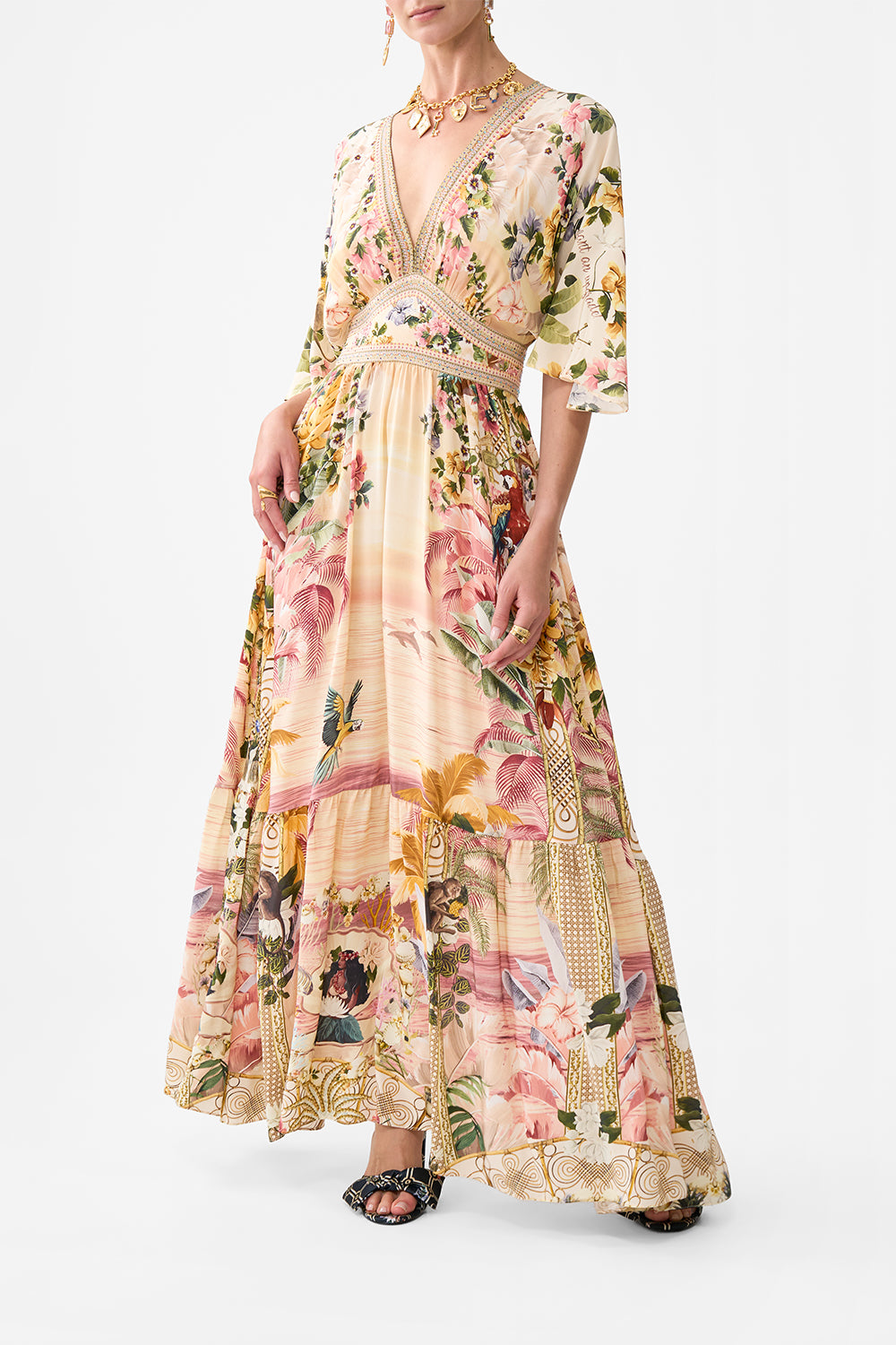 WAISTED DRESS WITH HEM RUFFLE WELCOME TO THE WHITE LOTUS