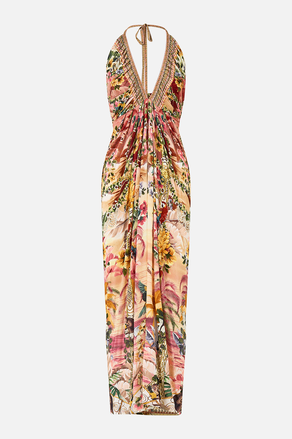 CAMILLA V Neck Gathered Jersey Dress in Welcome To The White Lotus print