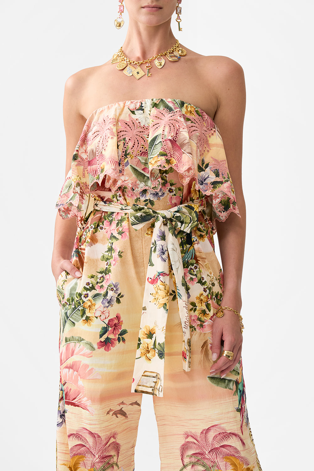 STRAPLESS JUMPSUIT WITH FRILL WELCOME TO THE WHITE LOTUS