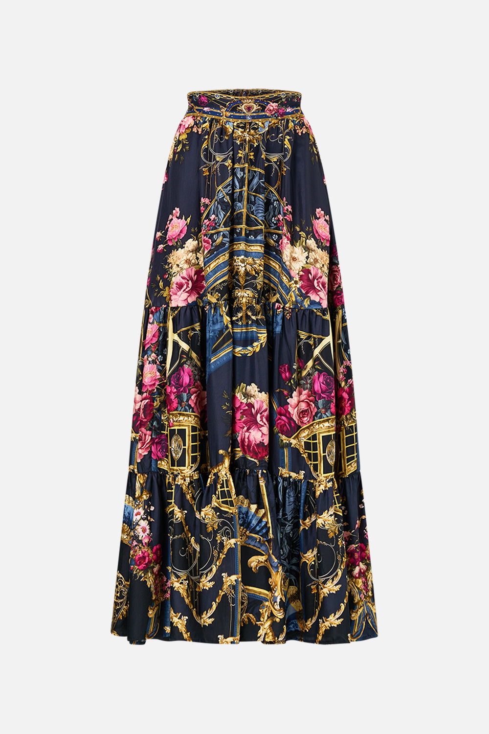 The CAMILLA High Waisted Tiered Skirt in our Ornate On A Plate print.