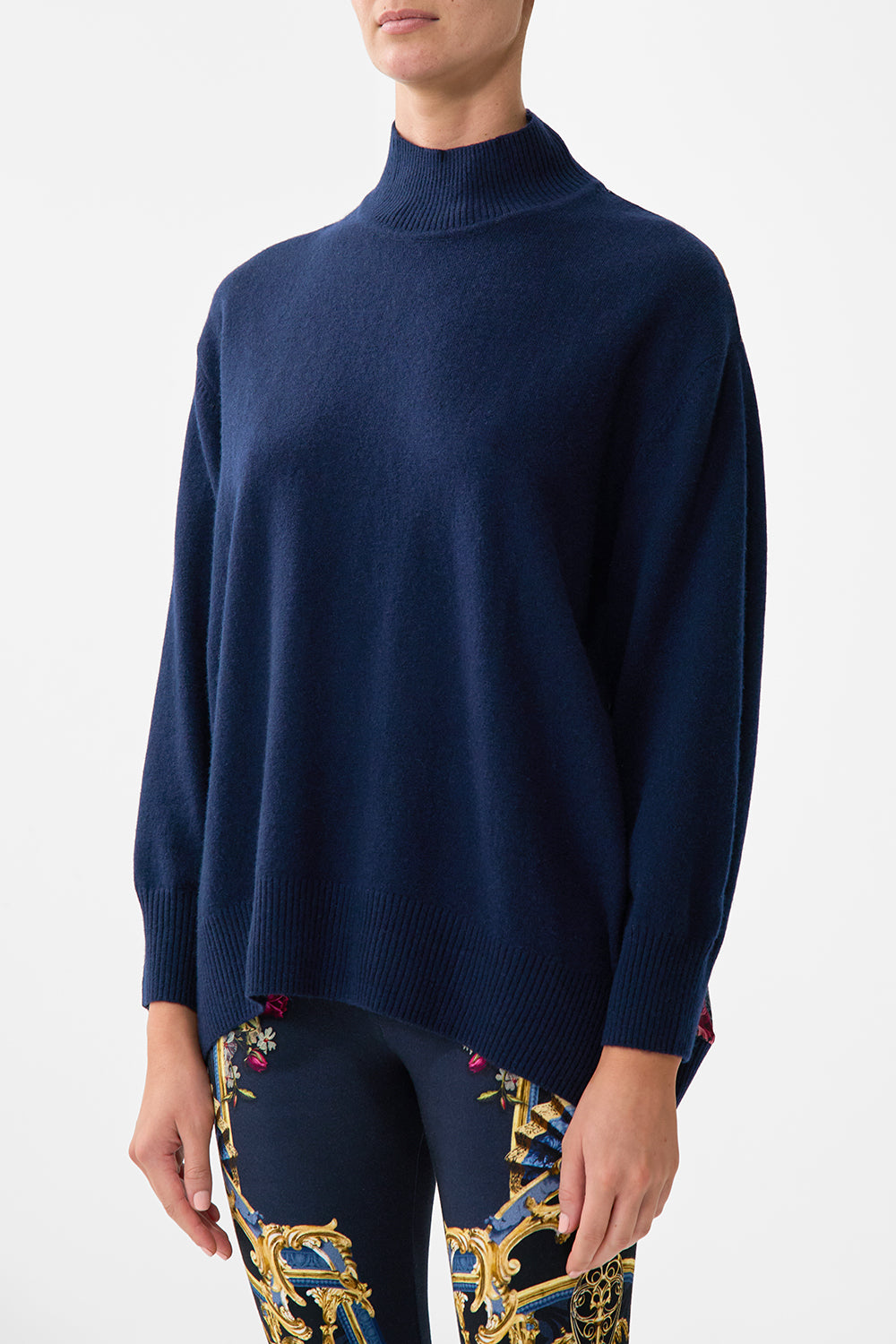 The CAMILLA Silk Back Turtle Neck Knit in our Ornate On A Plate print.