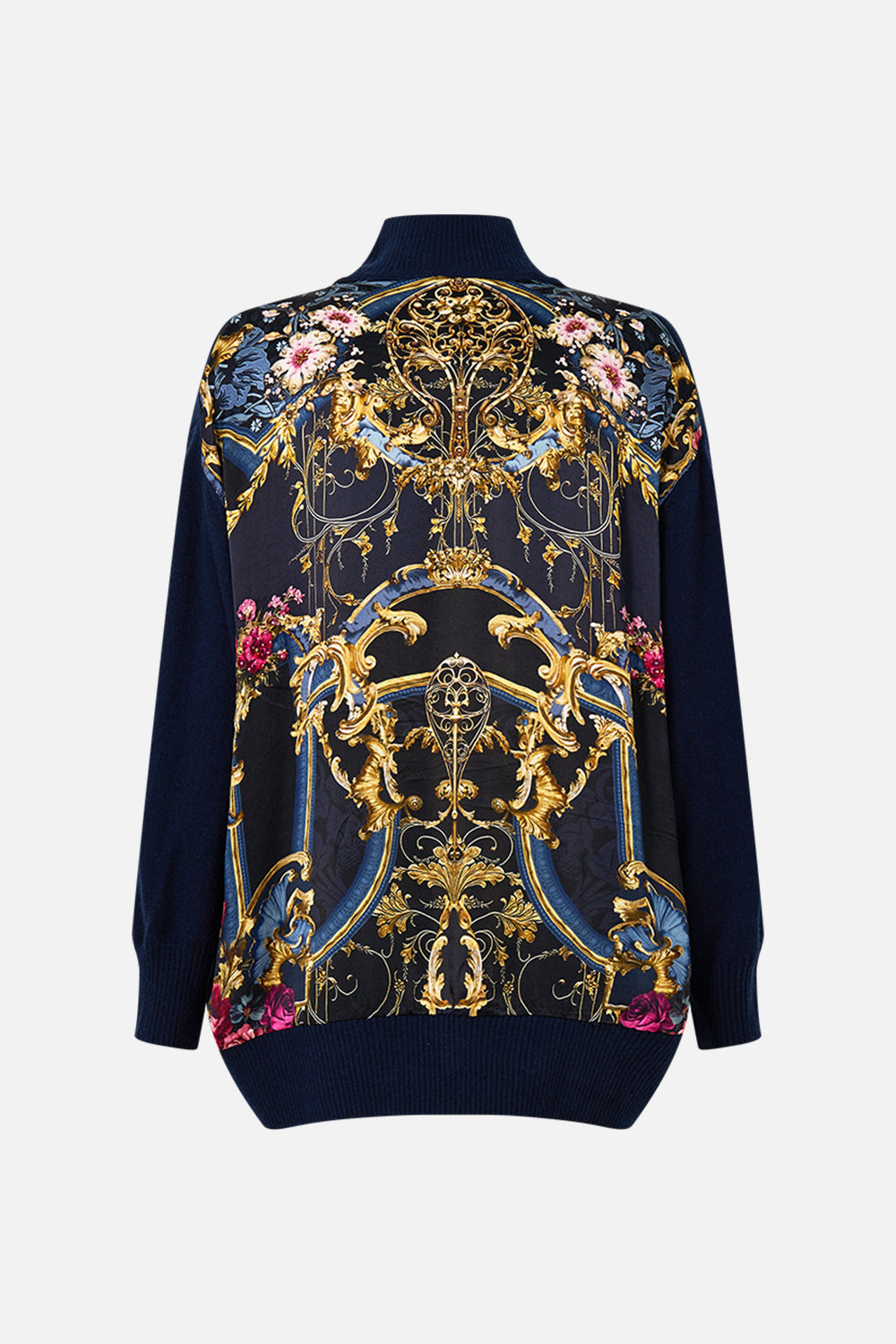 The CAMILLA Silk Back Turtle Neck Knit in our Ornate On A Plate print.