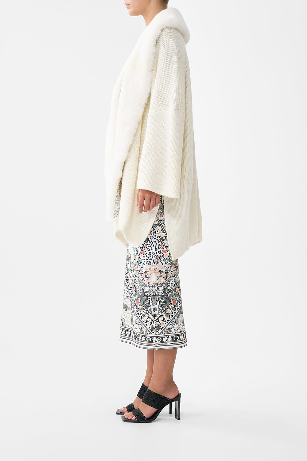 The CAMILLA Knit Relaxed Layer With Faux Fur in our Marble Heaven print.