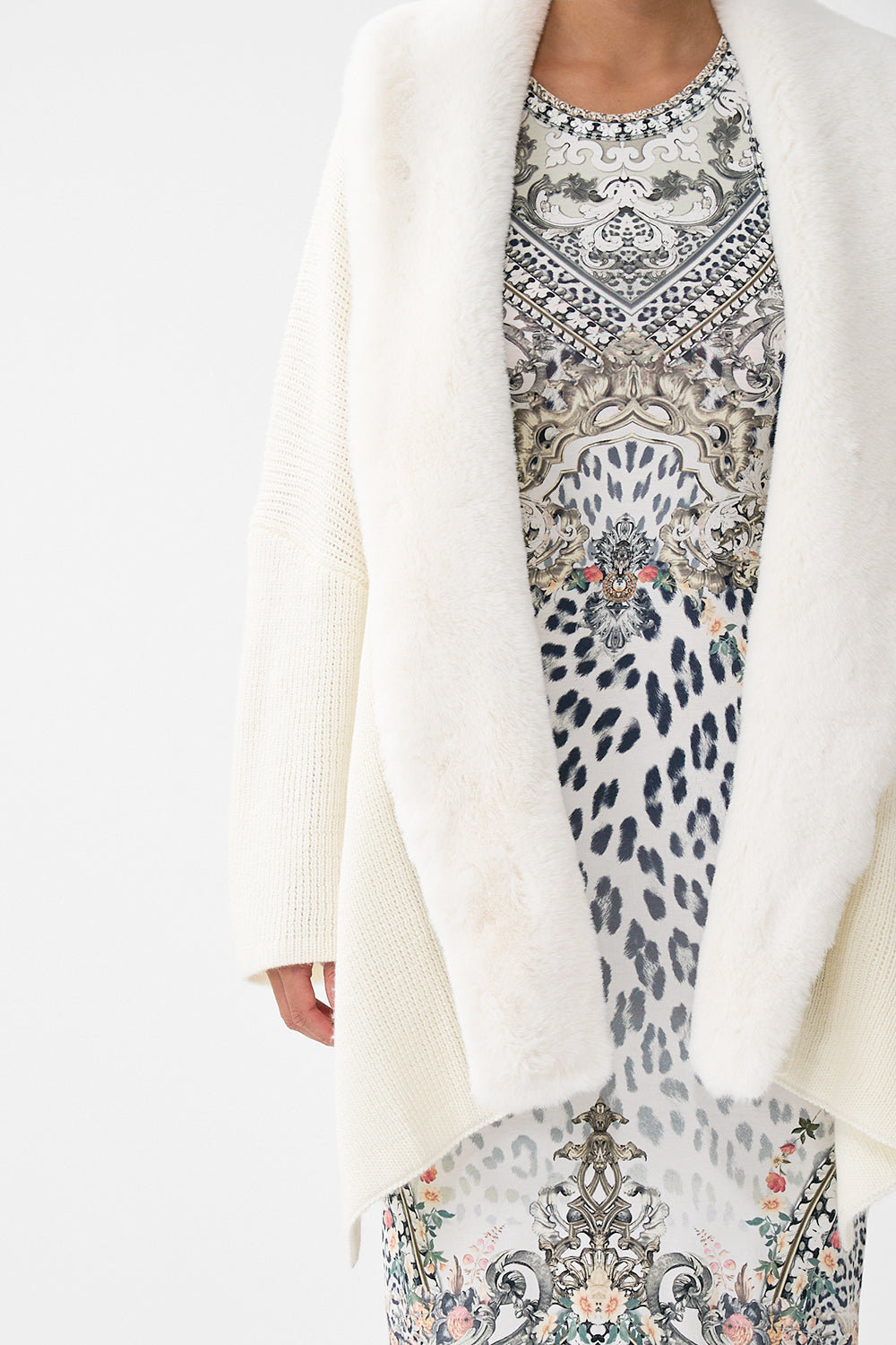 The CAMILLA Knit Relaxed Layer With Faux Fur in our Marble Heaven print.