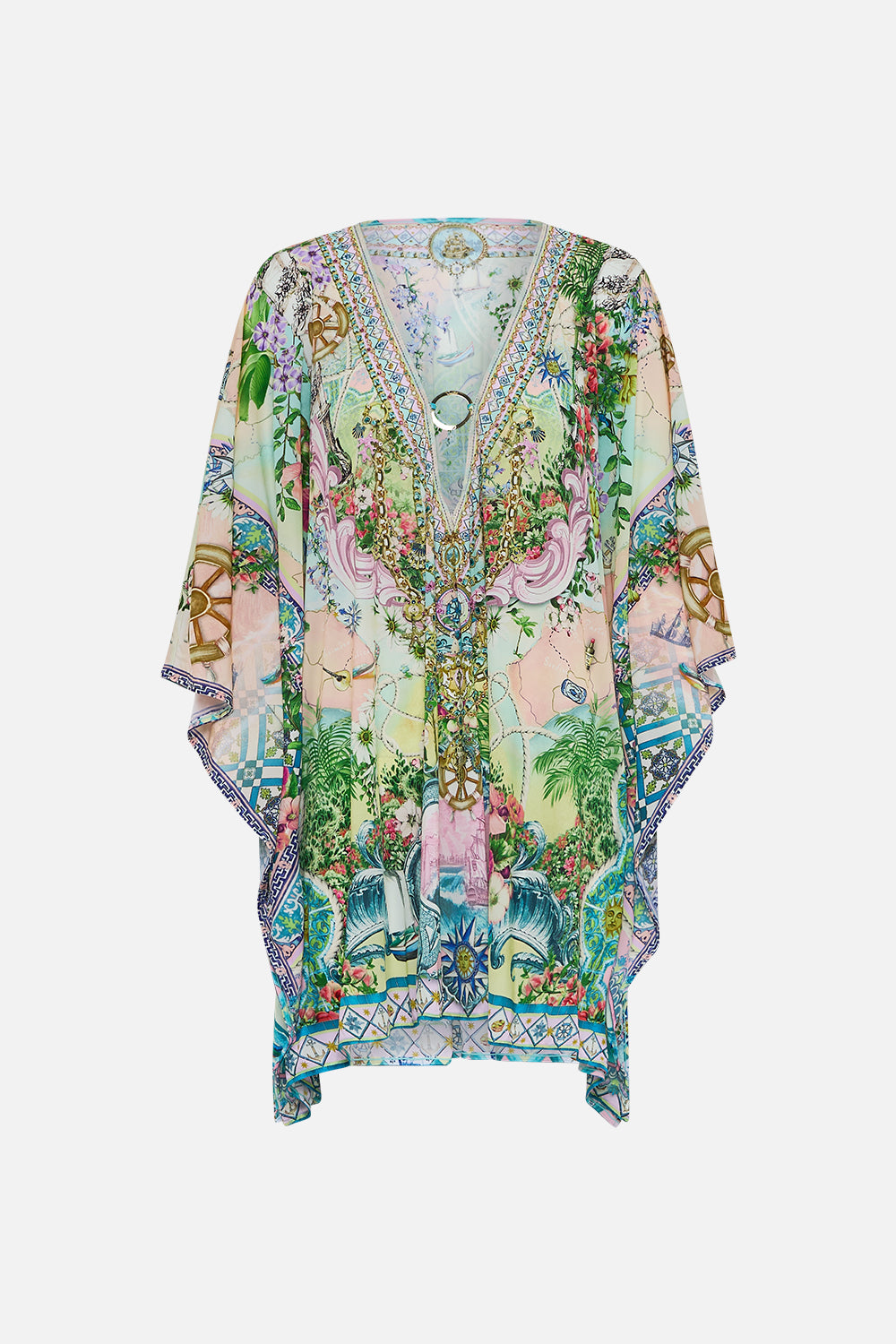 The CAMILLA Short V Neck Kaftan With Ring Front Trim in our Just Coasting print.