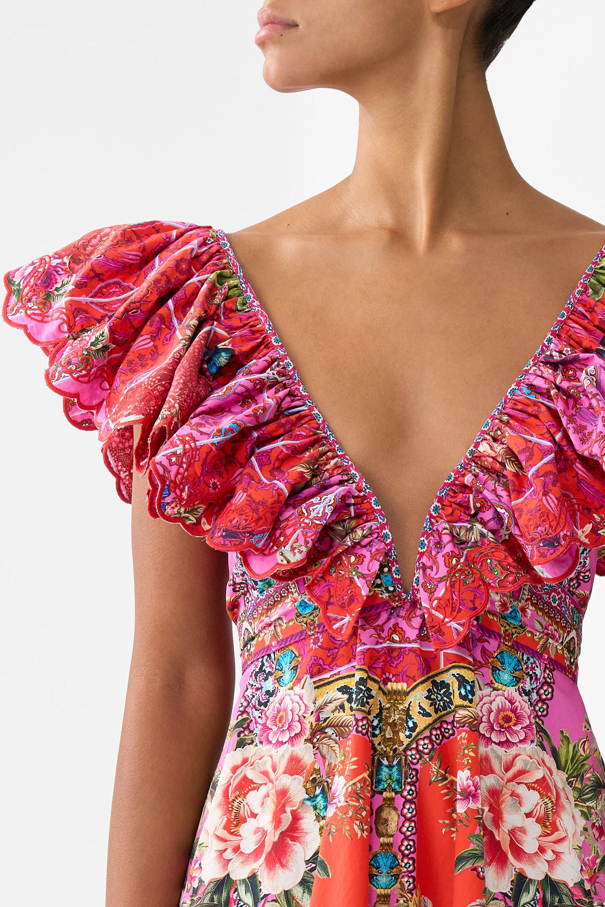 The CAMILLA SHORT FRILL NECK DRESS HEIRLOOM EMPIRE