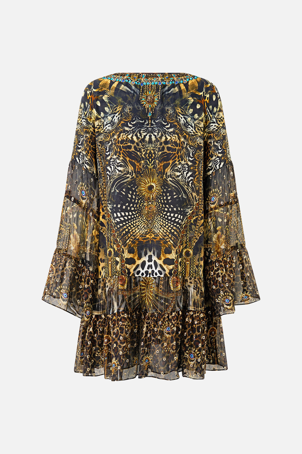 A-LINE GATHERED PANEL DRESS FELINE FOLKLORE