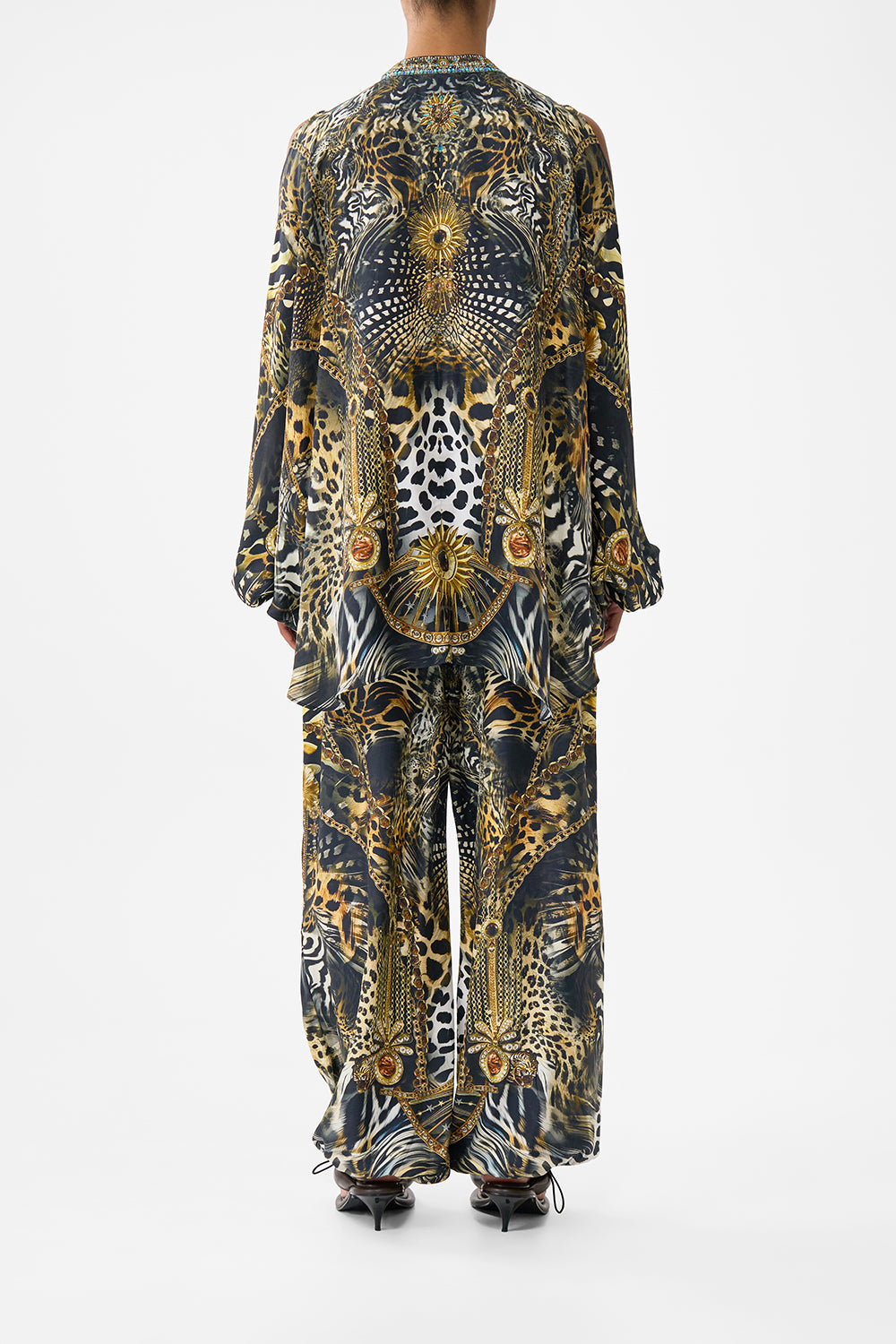 The CAMILLA MANDARIN COLLAR COLD SHOULDER BLOUSE FELINE FOLKLORE