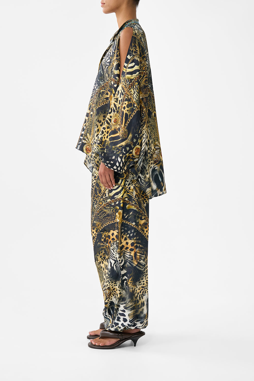 The CAMILLA MANDARIN COLLAR COLD SHOULDER BLOUSE FELINE FOLKLORE