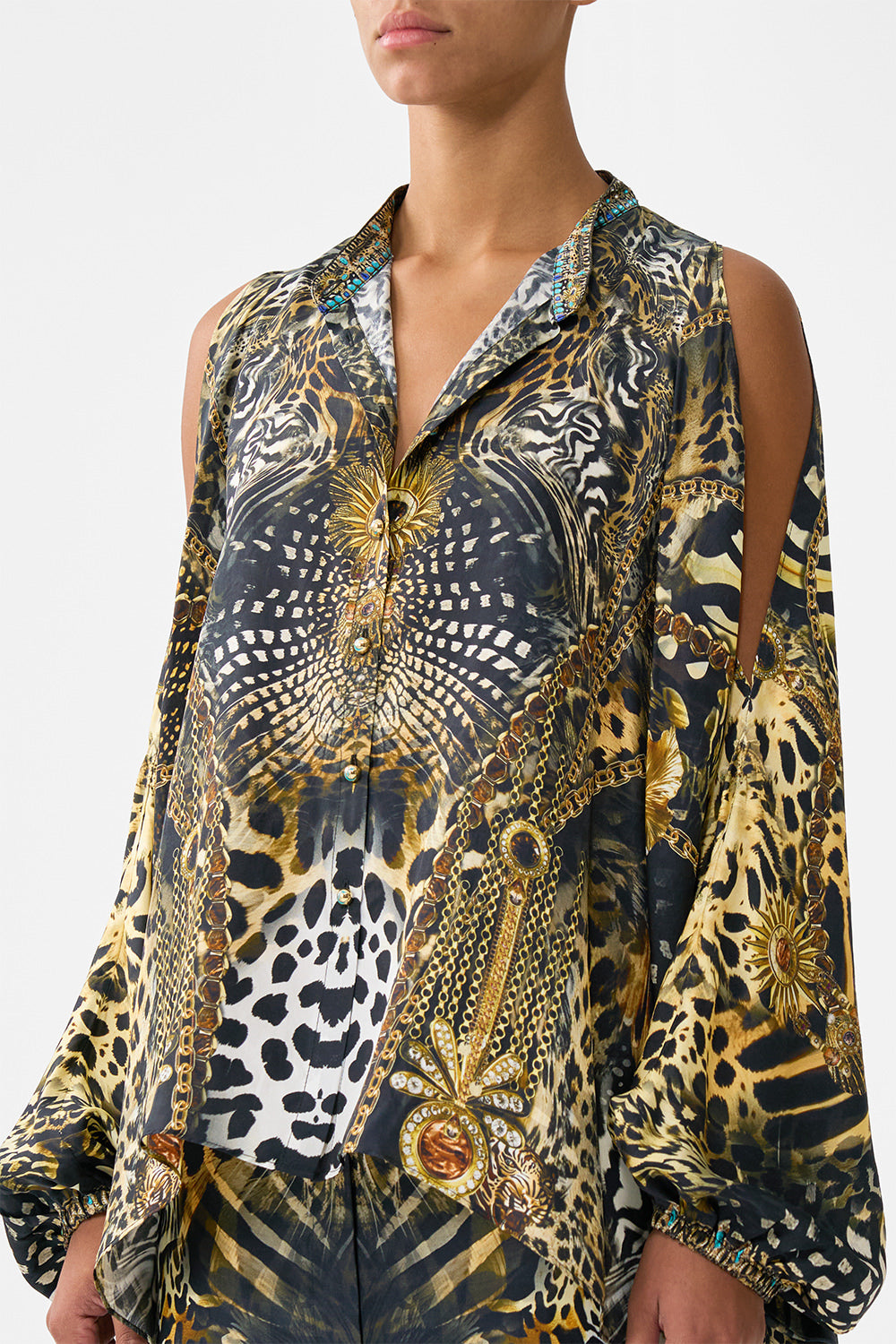 The CAMILLA MANDARIN COLLAR COLD SHOULDER BLOUSE FELINE FOLKLORE
