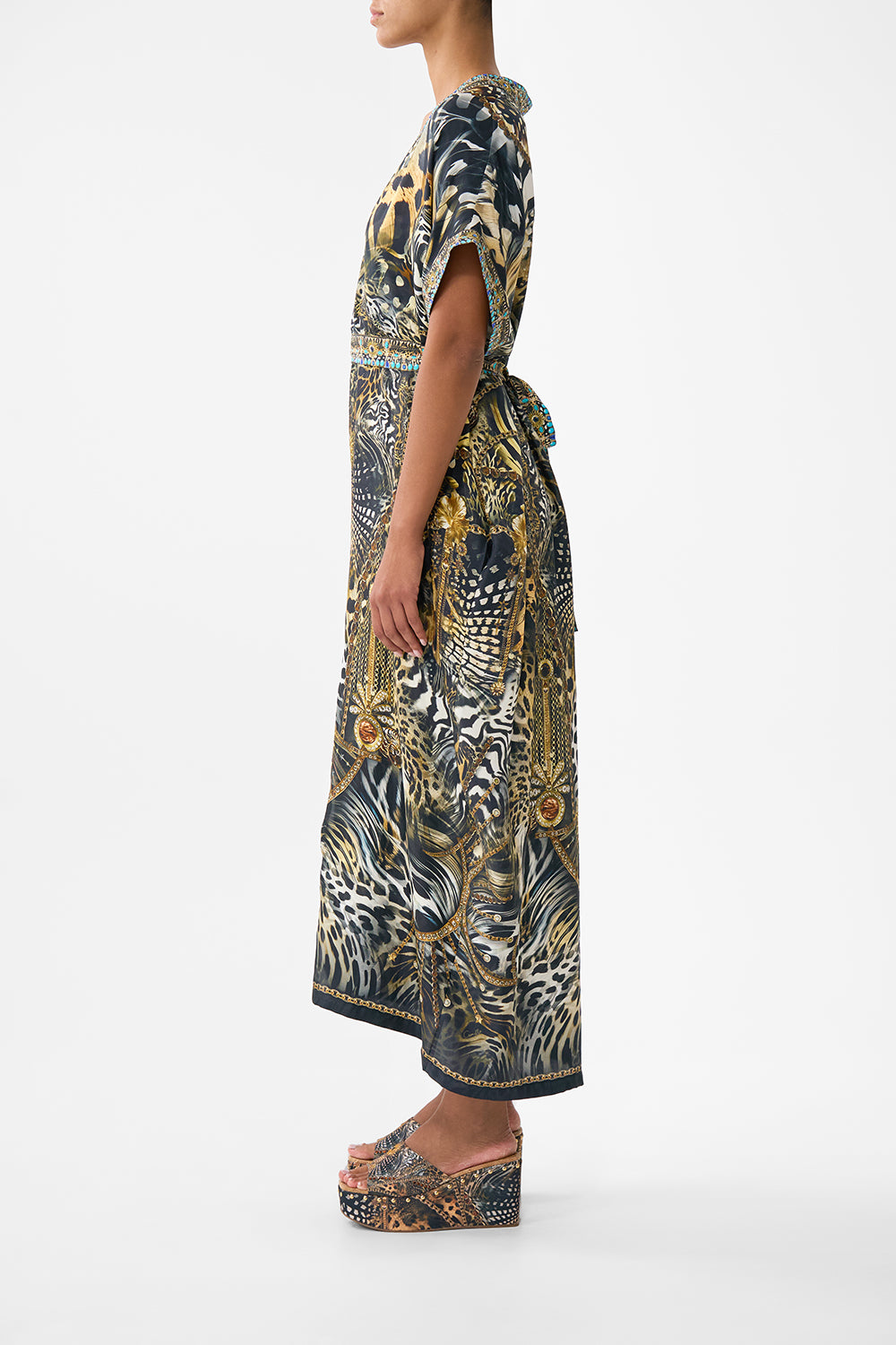 SHORT SLEEVE KAFTAN WITH TIE WAIST FELINE FOLKLORE